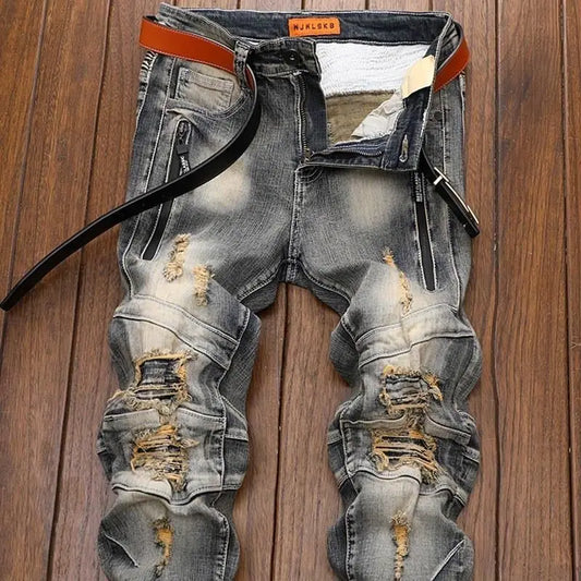 Luxury Men's Classic Jeans Straight Pants Autumn and Winter Retro Ripped Hole Denim Trousers Motorcycle Work Pants for Men