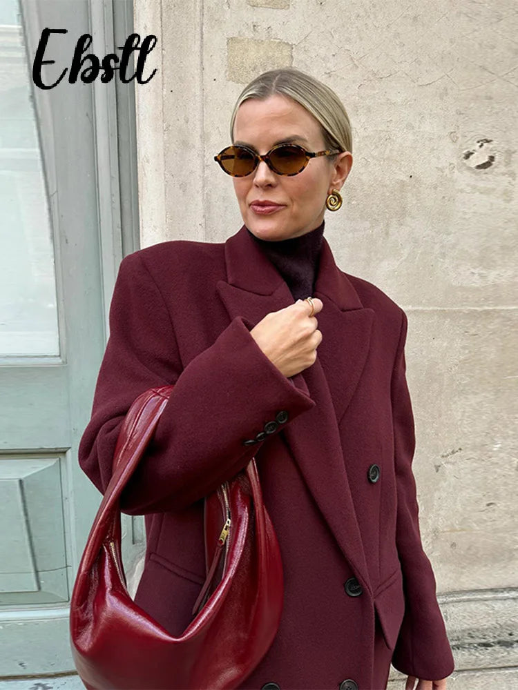 Wine Red Woolen Coats With Scarf Women Elegant Full Sleeve Double Breasted Long Overcoat 2025 Autumn Winter New Lady Streetwear