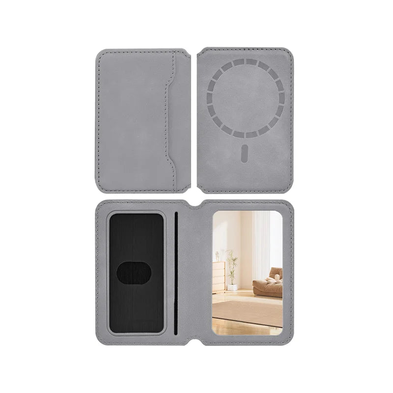 Thin Leather Wallet Magnetic Cellphone Card Holder For IPhone 16 15 14 13 18 17 Pro Max For Magsafe Bring Your Own Makeup Mirror