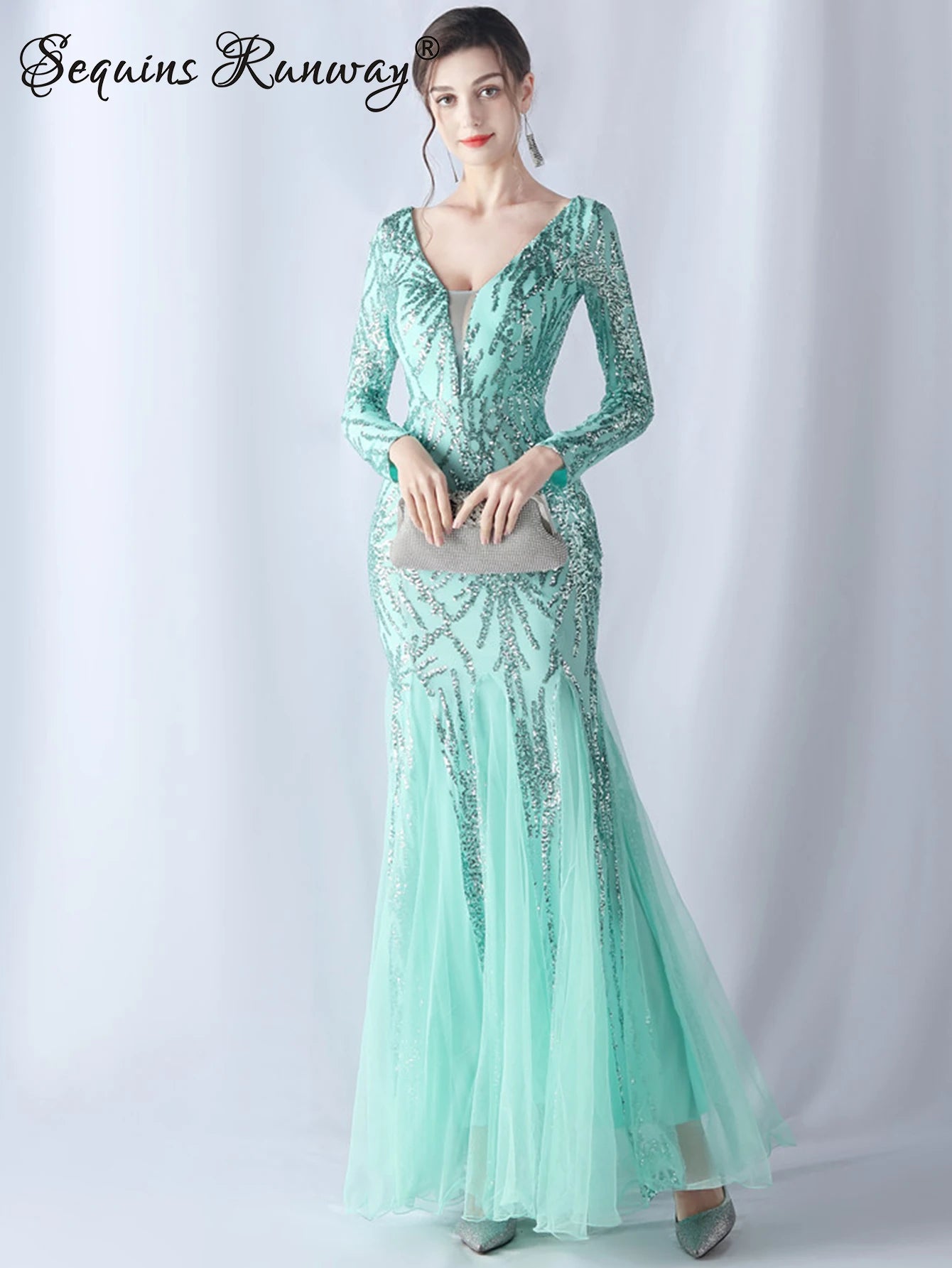 Sexy backless maxi sequin summer dress women elegant luxury mesh wedding party dresses woman long sleeve evening dresses vestido