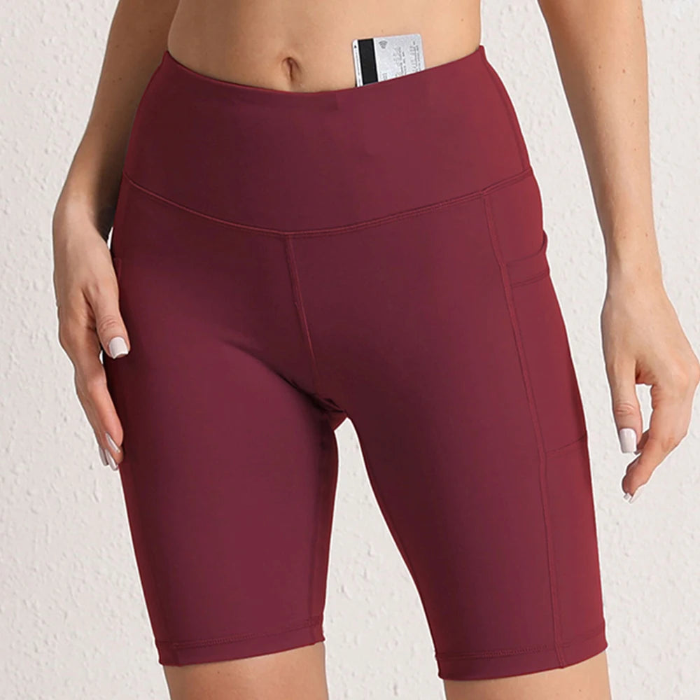 CHRLEISURE Nahtlose Yoga-Shorts für Damen mit Taschen, hohe Taille, Po-Lifting-Radhose, Push-Up-Sport-Tights, Sportbekleidung