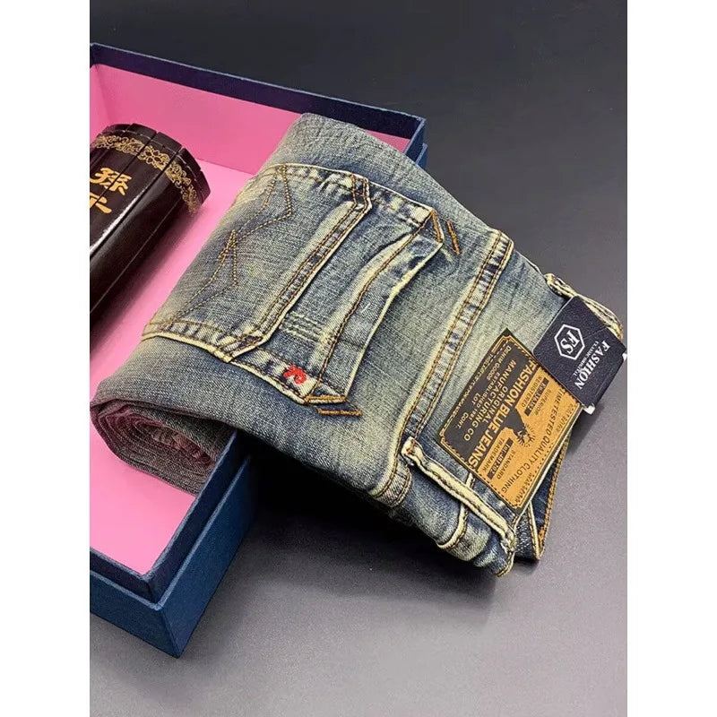 Street Fashion Men Jeans Retro Blue Elastic Slim Ripped Jeans Men High Quality Brand Designer Vintage Denim Pants Hombre