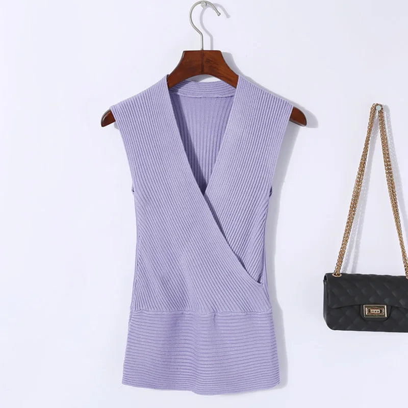 Sexy Deep V Neck Sweater Women 2025 New Womens Clothing Slim Bottoming Large Elastic Knitwear Rib Cotton Sleeveless Top Jerseys