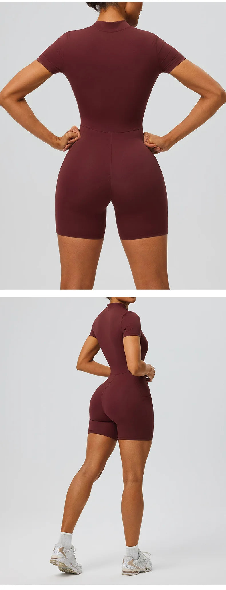 Women's zipper short sleeved yoga jumpsuit with functional pockets for hip lifting and tight fitting sports jumpsuit shorts