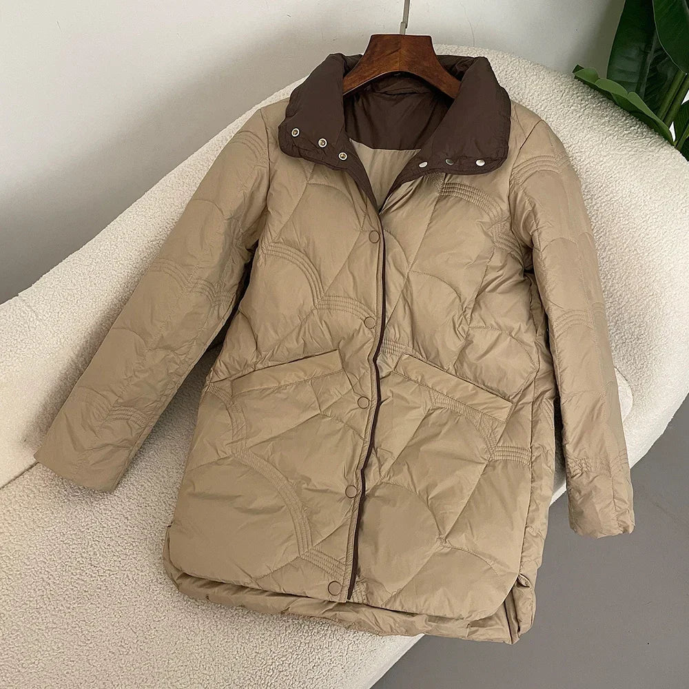 New  Autumn Winter Down Jacket Women Classic Mid-Length Warm Korean Style Loose 90 White Duck Down Jacket Stand Collar Coat