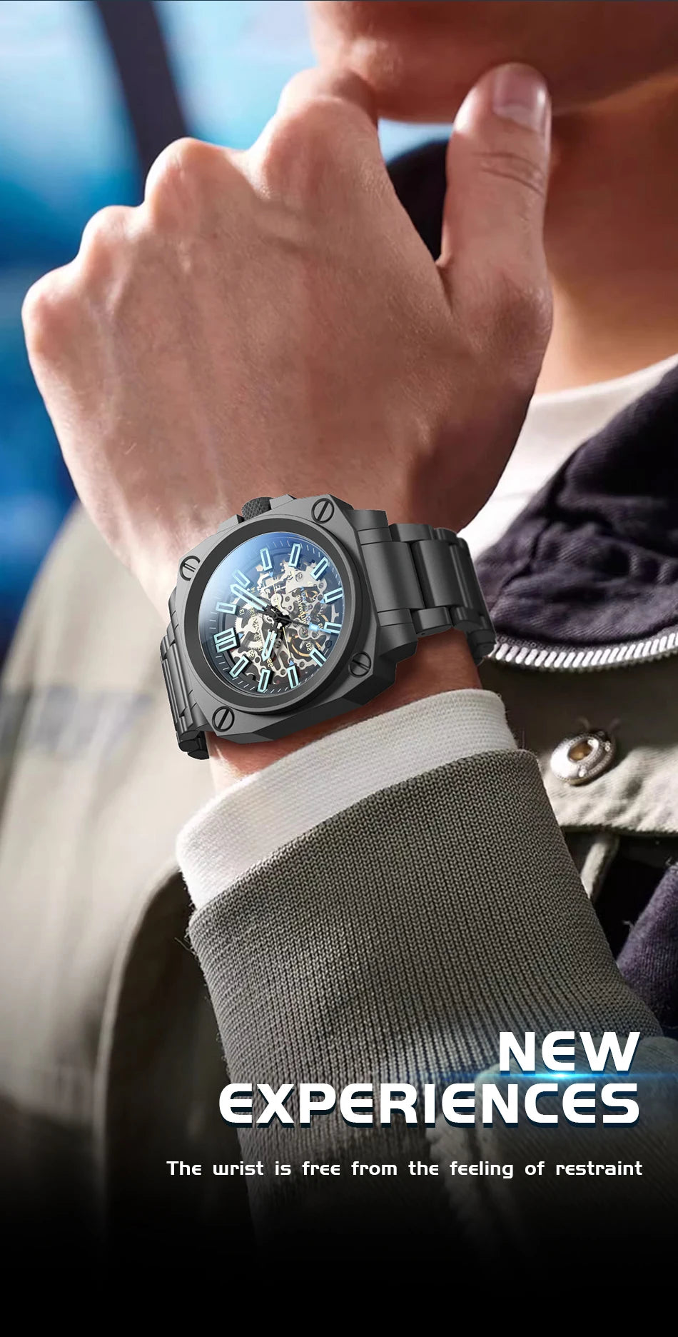 FeelNever Kreative Herrenuhr mit Automatikwerk, ausgehöhlt, modisch, lässig, sportlich, Militär, Leder, wasserdicht, mechanische Uhr + Box
