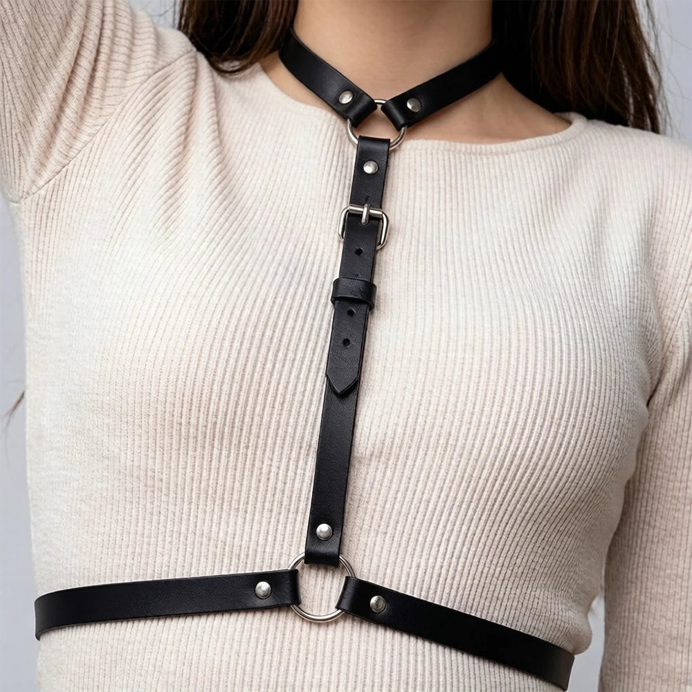 PU Leather Casual Belt Adjustable Gothic Punk Belt with Neck Connection Black Halloween Party Decoration Accessories