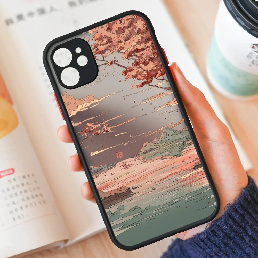 Japan Anime Landscape Phone Case For iPhone 16 15 11 13 12 14 Pro Max Mini 7 8 Plus SE 16E Scenery Hard Matte Cover Fundas Skin