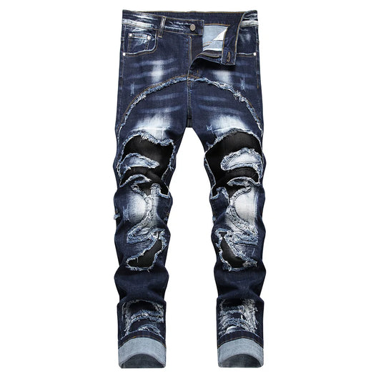 Men Patchwork Denim Jeans Holes Ripped Distressed Dark Blue Stretch Pants Casual Fringe Slim Straight Trousers