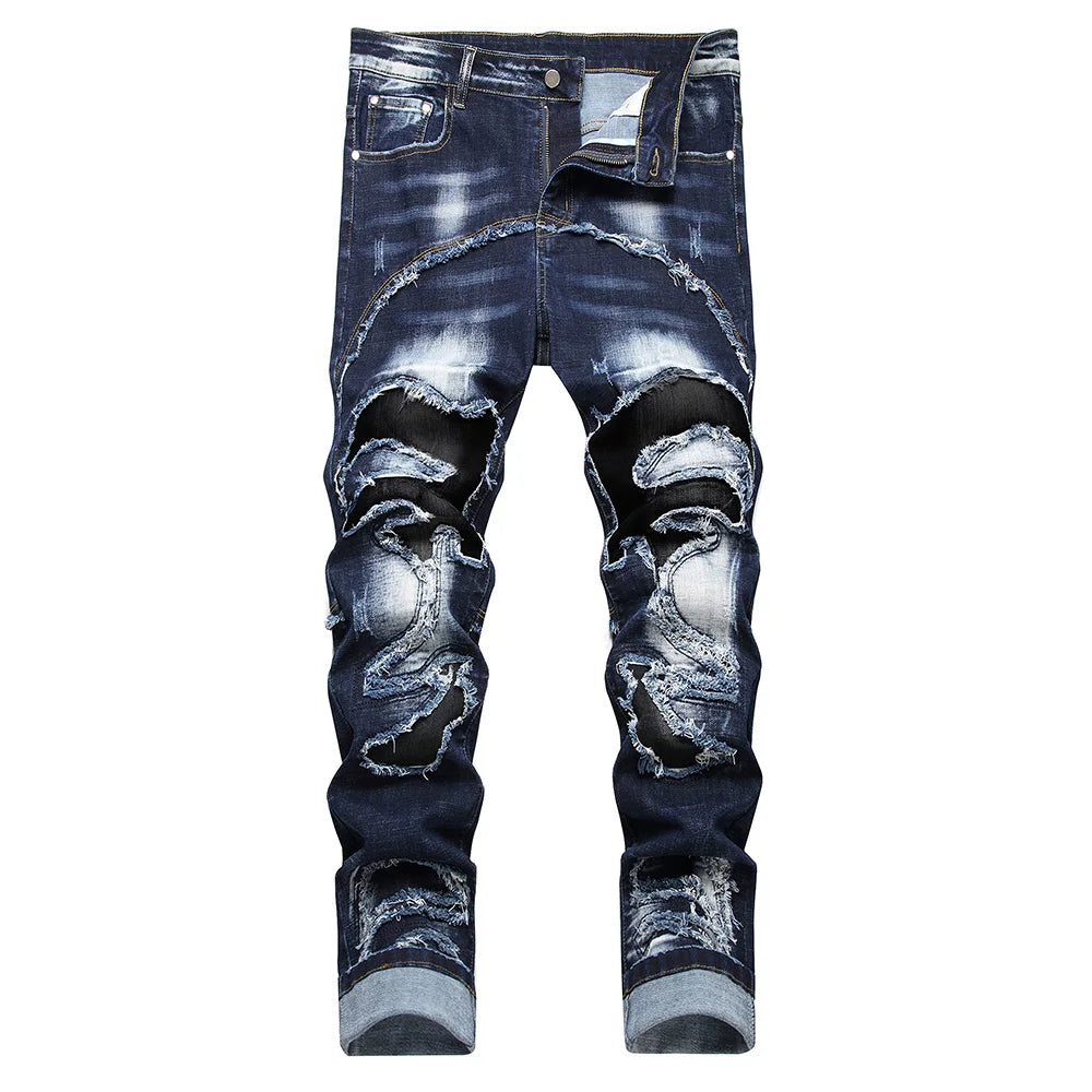 Men Patchwork Denim Jeans Holes Ripped Distressed Dark Blue Stretch Pants Casual Fringe Slim Straight Trousers
