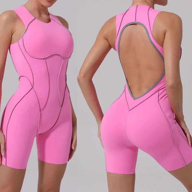 New Summer Stitching Color Backless Yoga Jumpsuits With Chest Pads Women Sleeveless Sports Bodysuit Hip Lifting Workout Overalls