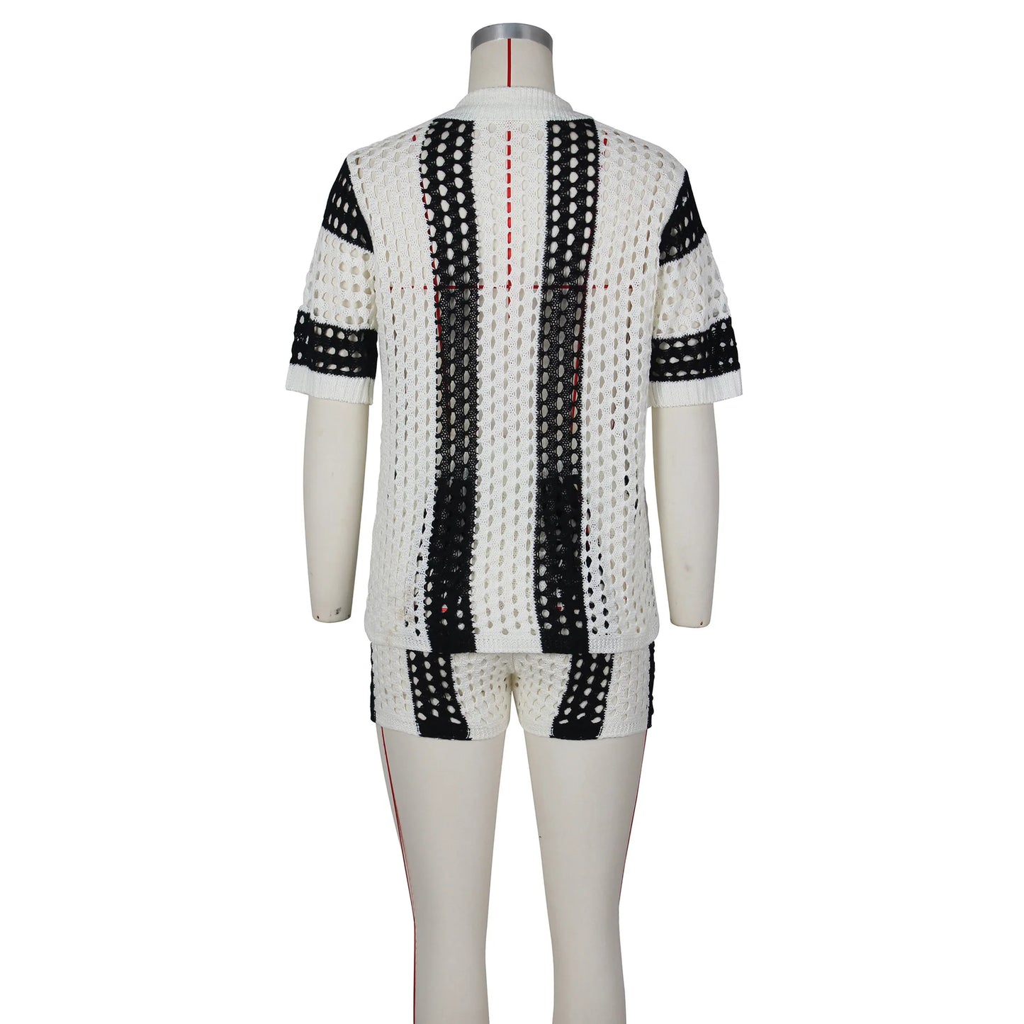 Women's Two Pieces Set Knit Ribbed Crochet Patchwork Outfits Short Sleeve Shirt Sweater Short Suit  Two Set Outfit Tracksuit