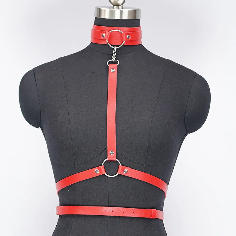 Red Leather Collar Adjustable Waist Cinching Strap Punk Gothic Style Women's Belt Sexy Accessory Adult Sexual Restraint Sling