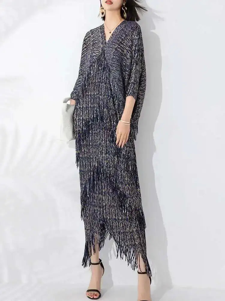 LANMREM 2025 New Elegant Party Tassel Pleated Dress Women V Neck Sequins Spliced Irregular Long Dresses Fashion Clothing 2DA1641