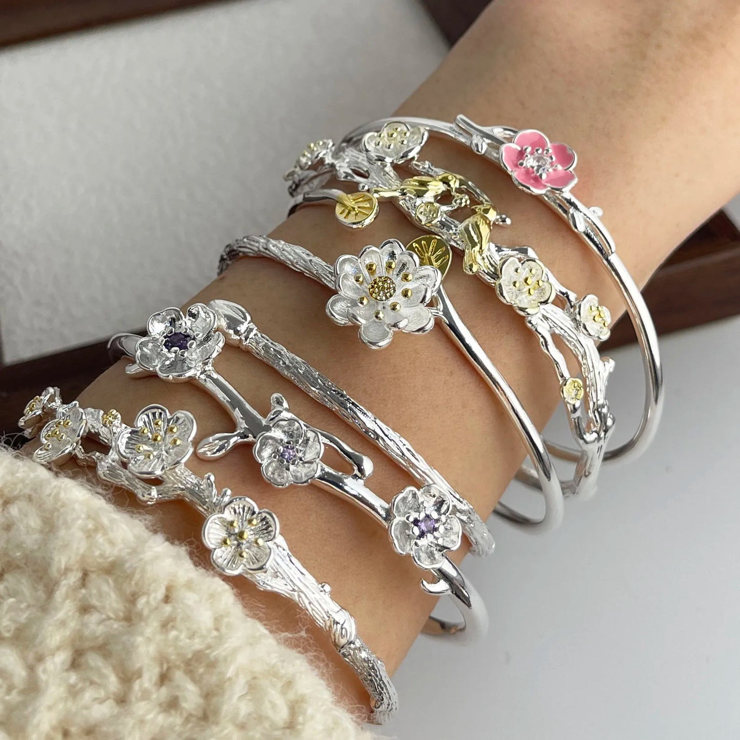 100% Solid 925 Sterling Silver Metal Bracelet for Women FLower Handmade Simple Wide Heart Chain Bracelet Birthday Gift Party