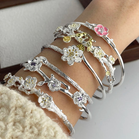 100% Solid 925 Sterling Silver Metal Bracelet for Women FLower Handmade Simple Wide Heart Chain Bracelet Birthday Gift Party