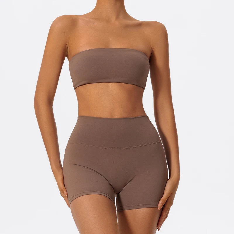 Summer Two Piece Fitness Sports Set Women Workout Yoga Outfit Strapless Bra Woman 2Ps Gym Crop Top Deportivos Mujer Gym Suits