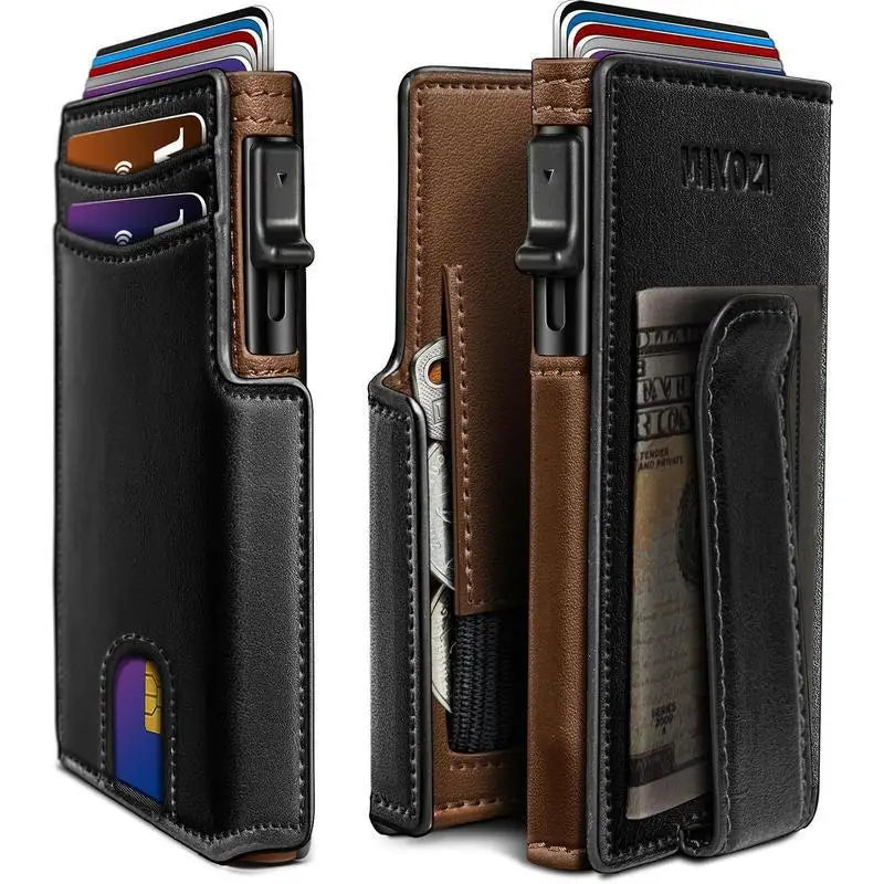 OUIO New Black Leather Wallet For Men Slim Bifold RFID Blocking Wallet With Pop-Up Metal Card Holder Card Sleeves POP UP Wallet