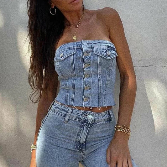 Combhasaki Women's Y2K Button Down Slim Fit Denim Tube Tops Off Shoulder Party Short Wrap Chest Backless Smocked Vest Bandeau