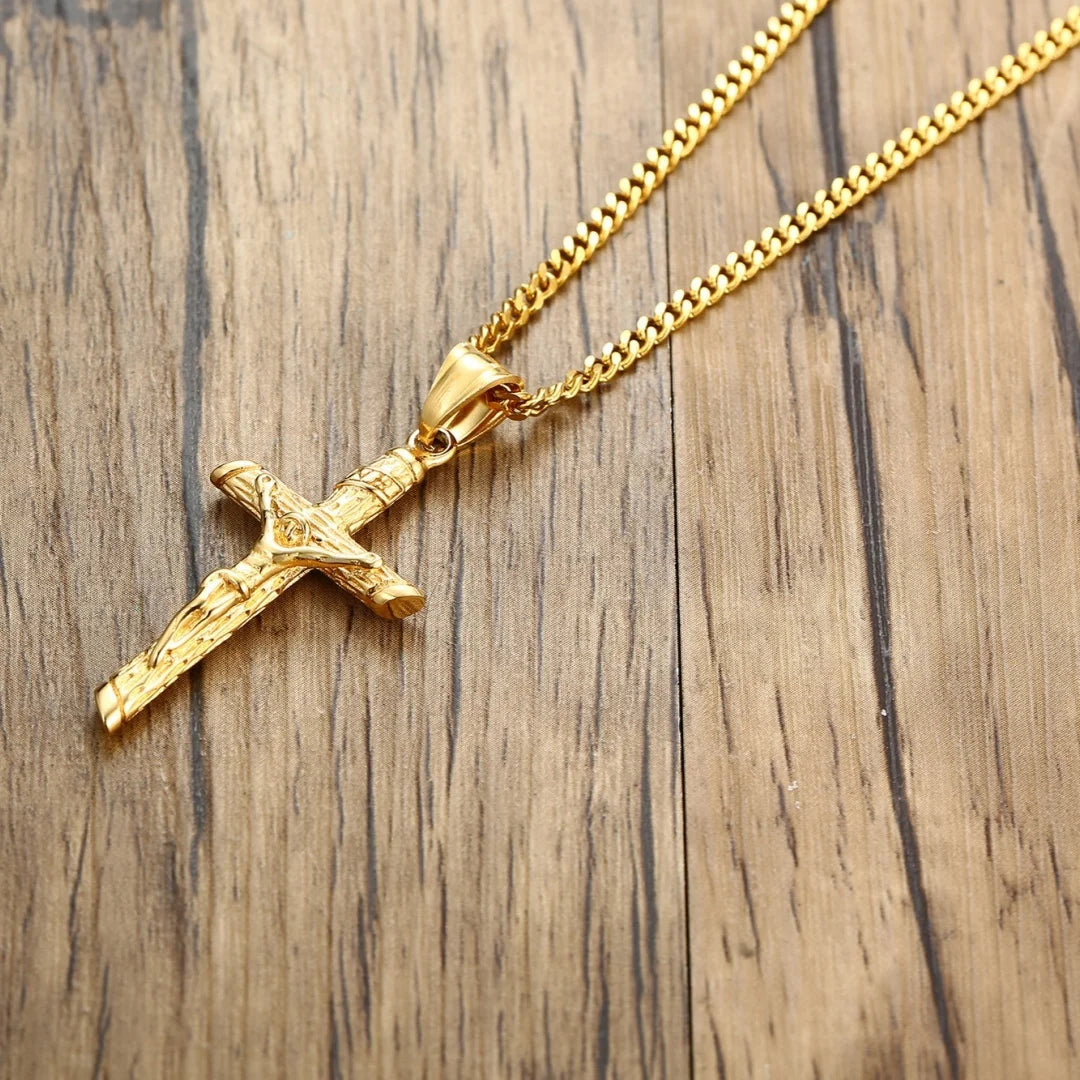 Stainless Steel Cross Necklace Catholicism Jesus Pendant Gold Color Collar Church Prayer Faith Jewelry for Men Women Gift