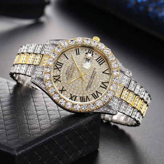 Diamond Bling Watch Men Gold Color Luxury Gift Quartz Watches Male Clock Dropshipping  Rhinestone Calendar Wristwatch