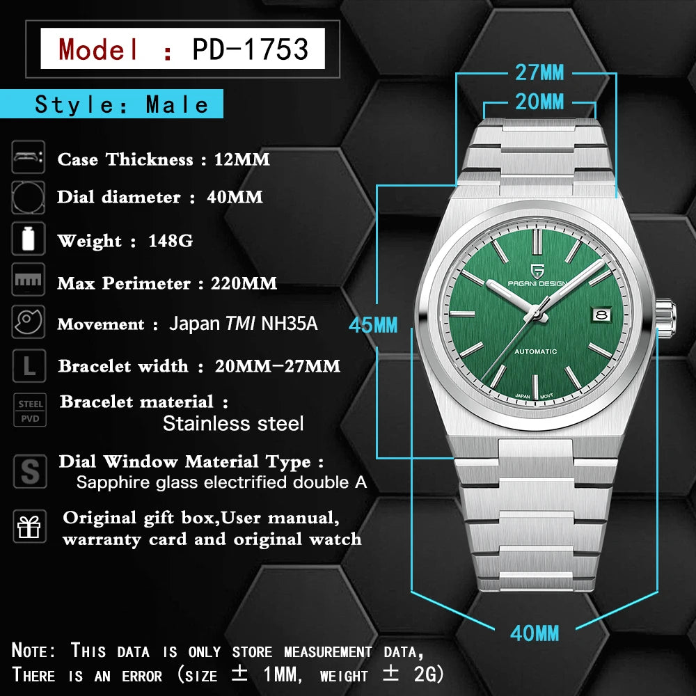 PAGANI DESIGN 40MM New Men Automatic Mechanical Watches NH35 Stainless Steel Sapphire 10Bar Sports Clock AR Reloj Hombre