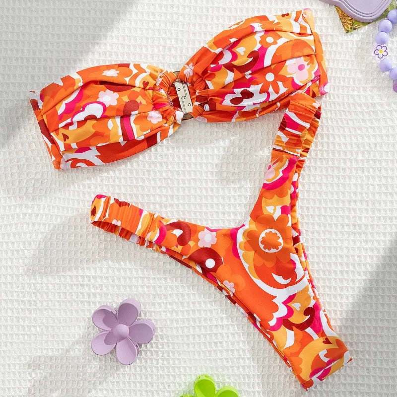 Micro Bikini Push Up Women Swimsuit Fashion Floral Pattern Split Bandeau Bikini Set Sexy Lady 2 Piece Bathing Suit Biquini