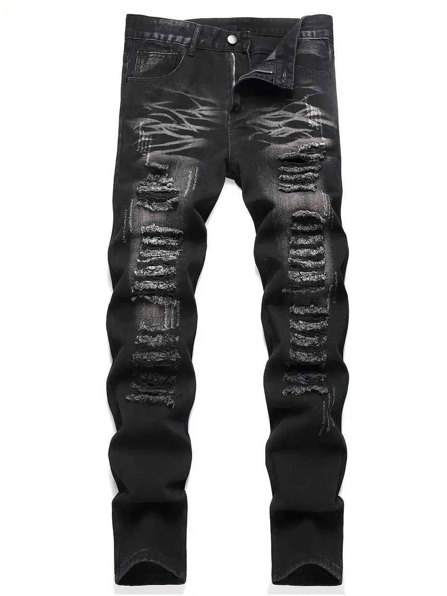 Men’s trendy streetwear: black ripped straight-leg jeans – an excellent gift for husbands or boyfriends.