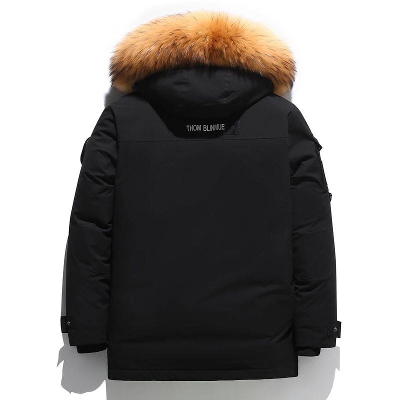Schwarze Daunenjacke 2024 Winter Gefütterte weiße Entendaunenjacke mit Kapuze und Pelzkragen Lässige Mode Dicker warmer Parka mit besticktem Design