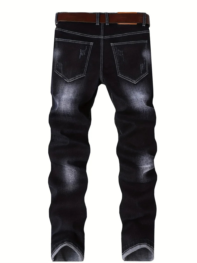 Motorcycle Trendy Straight Men's Jeans Elastic Washed Fashion Streetwear Denim Pants Embroidery Hip-Hop Trousers (Without Belt)