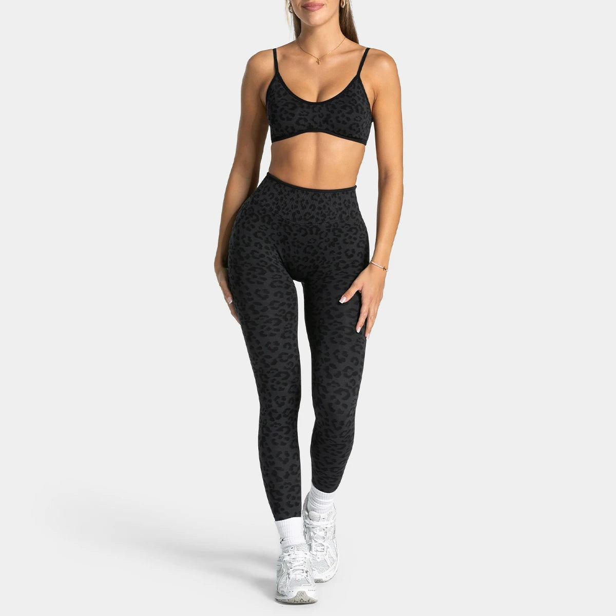 Women's Seamless Yoga Set Leopard Print Color Block Bra Top & Long Pants Workout Suit