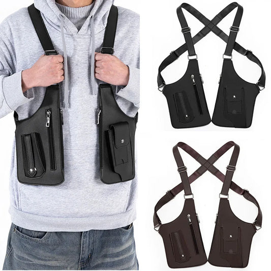 Luxury Design Men's Tactical Vest Bag High Quality PU Leather Man Chest Bag Phone Pouch Vintage Design Underarm Back Pack Bags