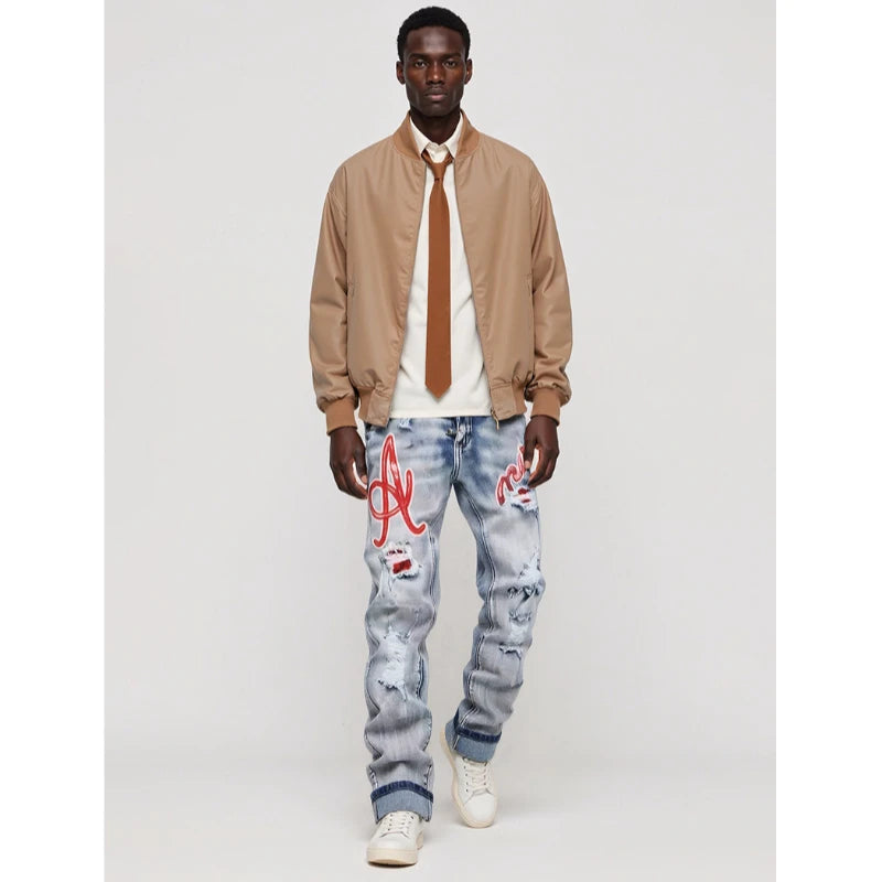 Men's Hip-Hop Style Distressed Holes Jeans Wash Ripped Pants with Red Embroidered Patches Casual Trendy Streetwear Trousers
