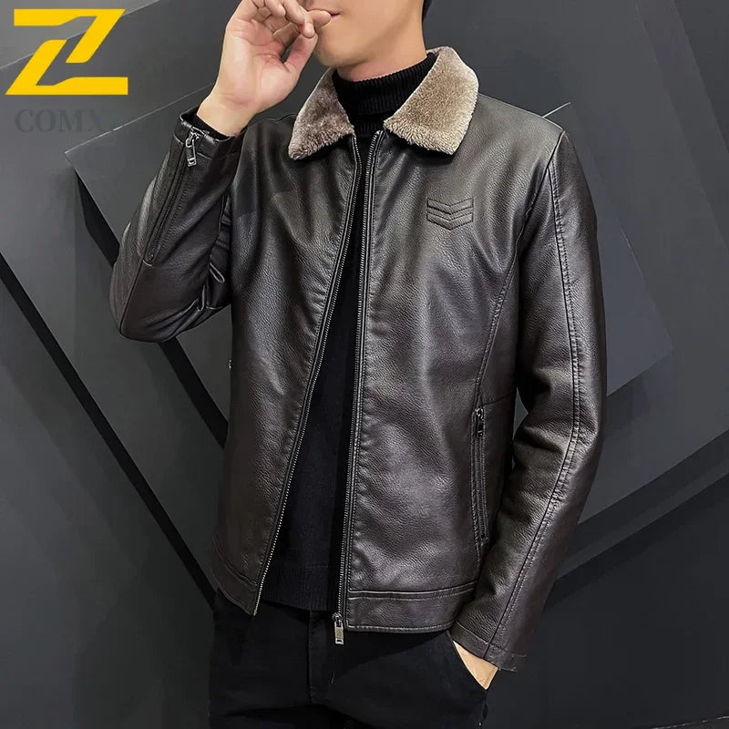 Winter Fashion Warmth Thickened Leather Jacket Lapel Solid Zipper Design Plus Size 4XL-M WorkCoat Men's Leather Jacket