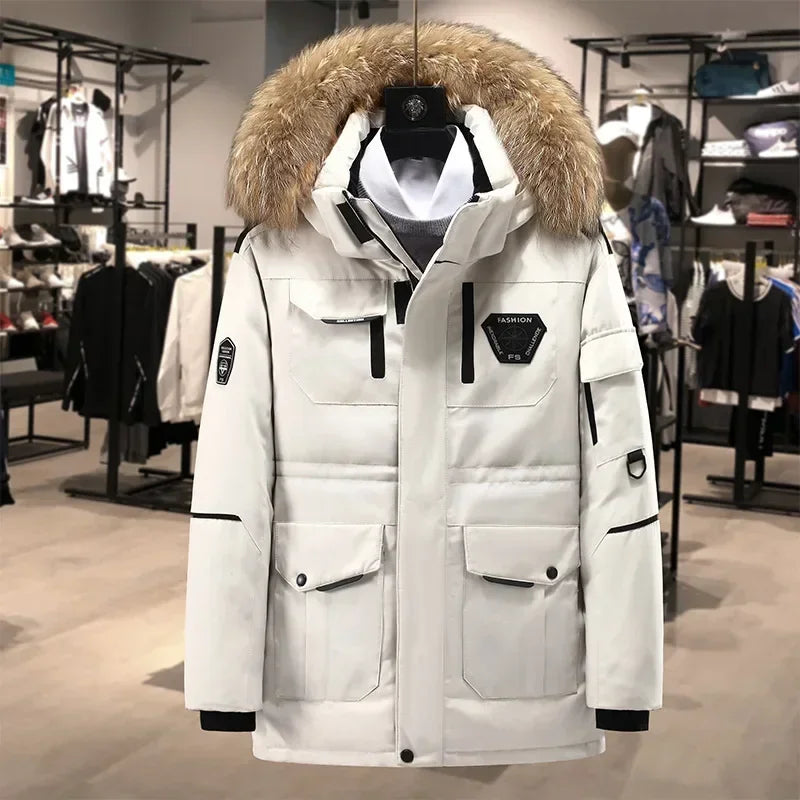 Neue Ankunft Männer Unten Parkas Mode Winter Jacke Dickes Fell Hoddy Outdoor Ente Unten Polsterung Mantel Männlichen Mit Kapuze Outwear
