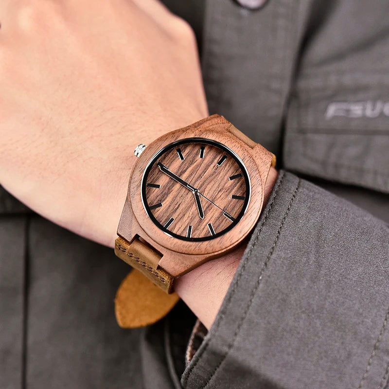 BOBO BIRD Herren-Holzuhr, handgefertigt, leicht, minimalistisch, Walnussholz-Uhren mit echtem Leder, personalisiertes Geschenk