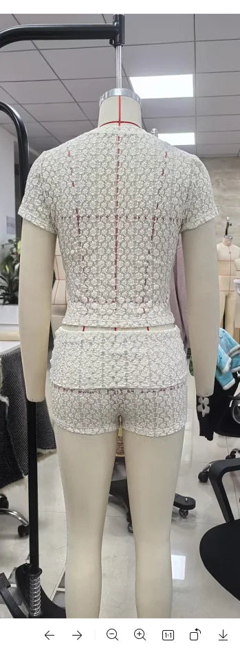 Combhasaki Women 2Pcs Floral Lace Summer See-through Slim Outfits Set Short Sleeve Crop Tops+ Fold Over Elastic Low Waist Shorts