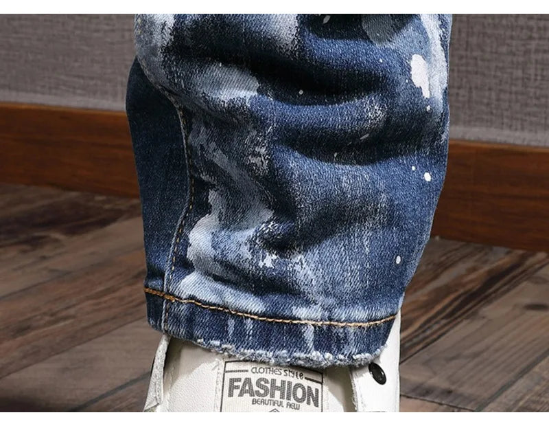 Retro Style Men's Slim Fit Jeans Distressed Hole Design Elastic Casual Long Pants Youth Trendy Street Style Straight Leg Jeans