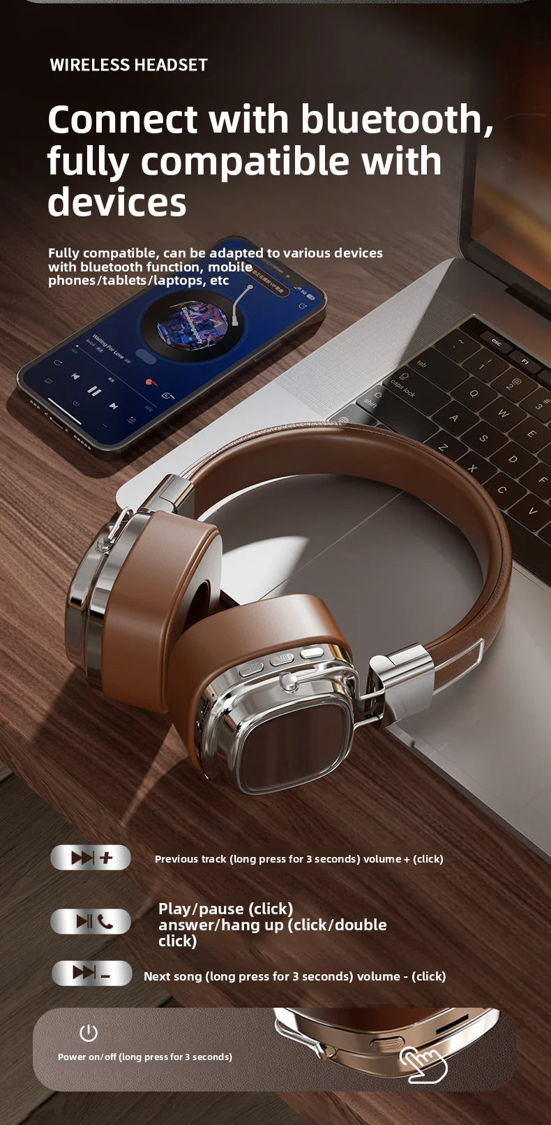 Shoumi Hifi Wireless Headphones Bluetooth Earphones Large Headset Helmets with Mic Support TF-Card Mp3 Play display screen