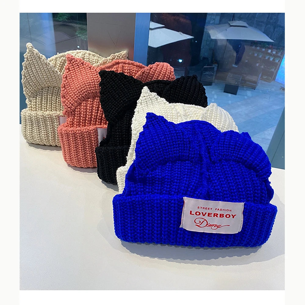 KPOP HyunJin Strickmütze WAYV HENDERY INS Style Wollmütze mit Katzenohren, warme dekorative Wintermütze, Paar Weihnachtsgeschenke