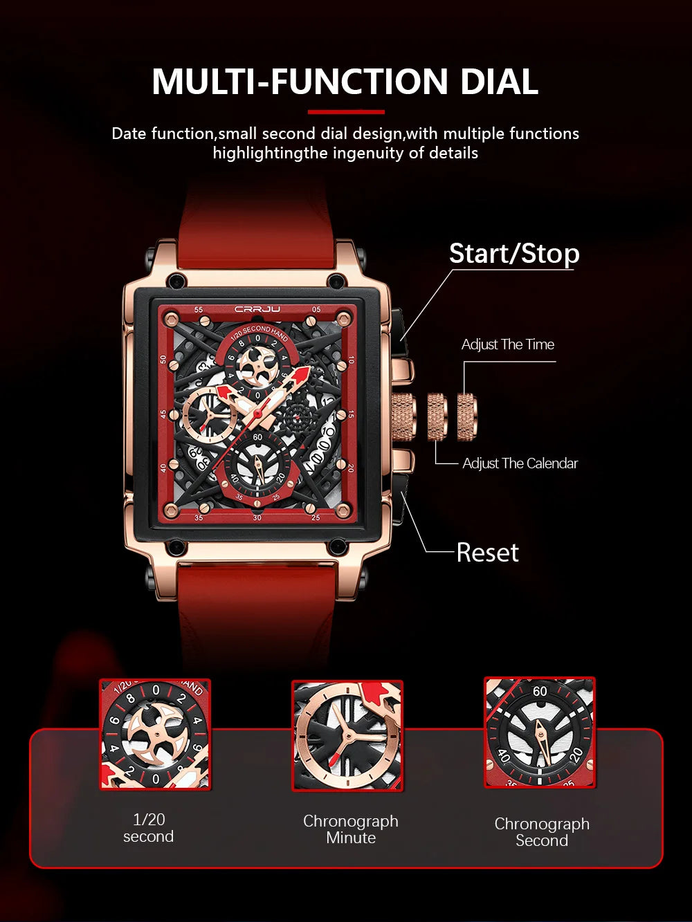 CRRJU Modische Sportuhren mit großem Zifferblatt, einzigartiges rechteckiges, hohles Design, Quarz-Armbanduhren mit Chronograph, automatisches Datum