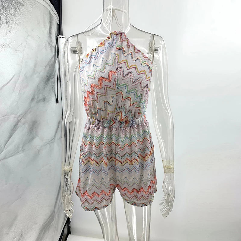 Summer Casual Backless Shorts Jumpsuit Women Sexy Beach Holiday Romper Women Vintage Pattern Printed Playsuits