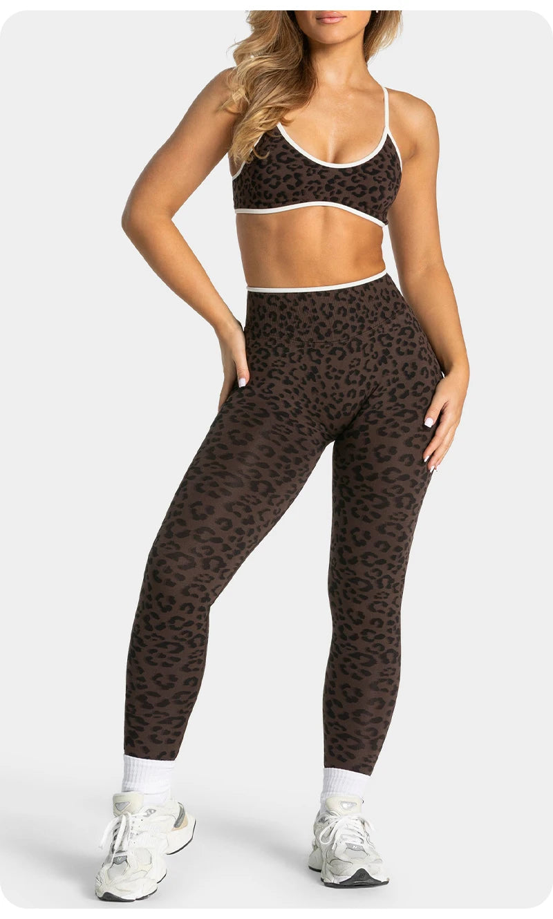 Women's Seamless Yoga Set Leopard Print Color Block Bra Top & Long Pants Workout Suit