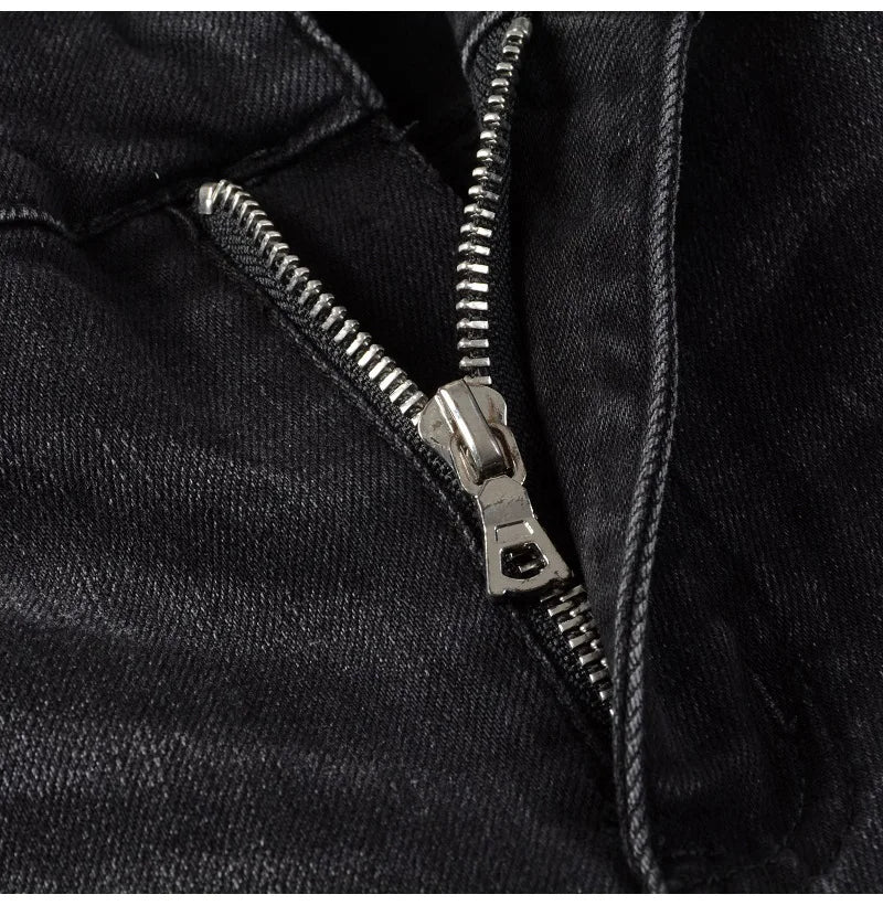 Men Cracked Leather Patch Biker Jeans Streetwear Pleated Patchwork Holes Ripped Stretch Denim Pants Skinny Tapered Trousers