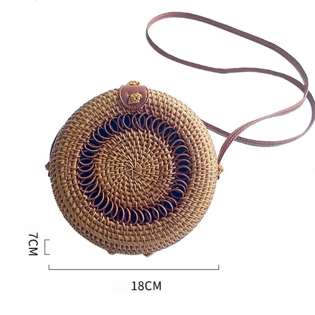 Handwoven Round Rattan Bag with Shoulder Strap Large Capacity Natural Chic Travel Use Messenger Bag for Women