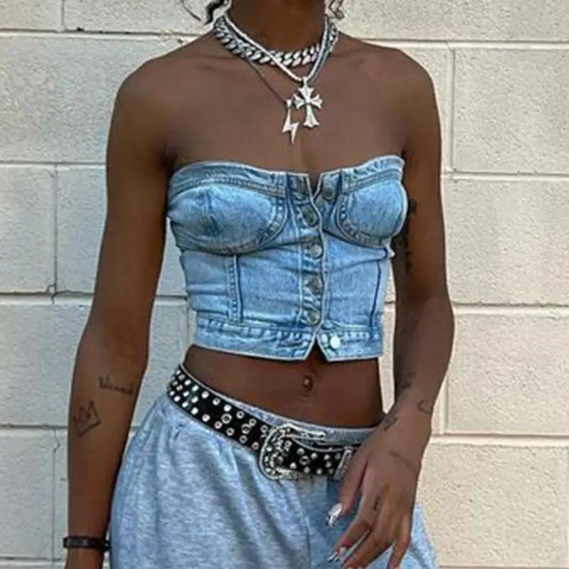 Combhasaki Women's Y2K Button Down Slim Fit Denim Tube Tops Off Shoulder Party Short Wrap Chest Backless Smocked Vest Bandeau