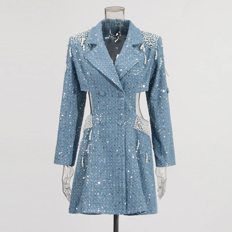 TWOTWINSTYLE Hollow Out Dresses For Women Notched Collar Long Sleeve Patchwork Embroidered Flares Chic Dress Female Fashion New