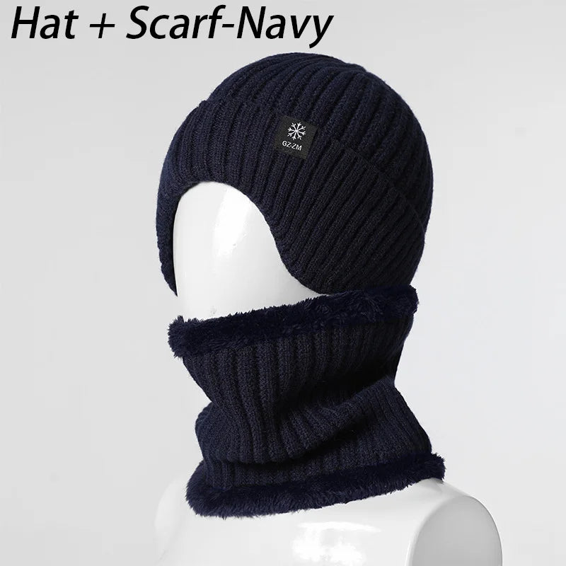Men's Autumn/Winter Hat+Scarf Winter Warm Ear Protection Set Thick Knitted Wool Breathable Solid Color Hat