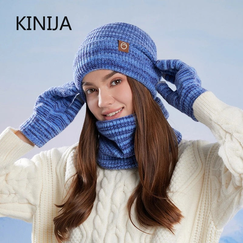 Women's Knitted Hat Beanie Cap Winter Coldproof Hat Scarf Gloves Sets Outdoor Warm Windproof Hat Fit Skiing Cycling Sets