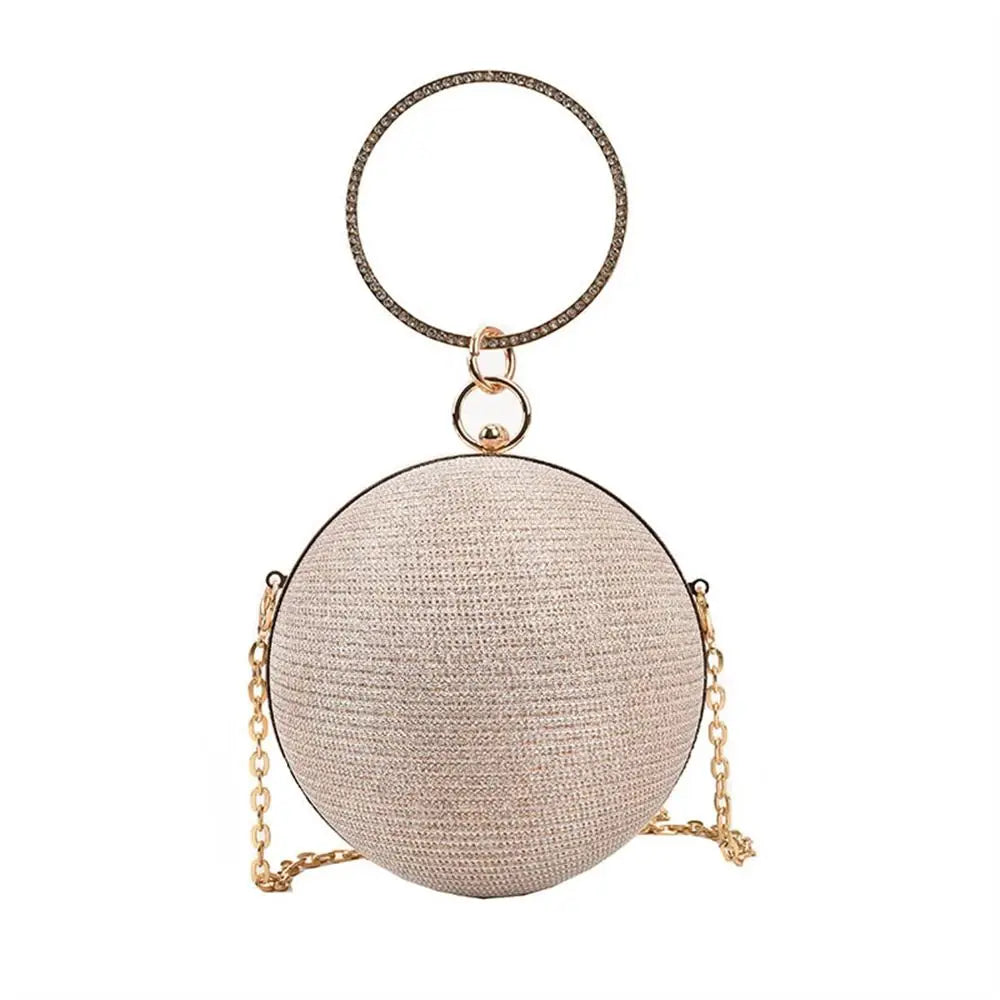 Elegant Circular Evening Bag Gold Bright Silk Rhinestone Decorative Chain Banquet Clutch Shoulder Bags Wedding Party